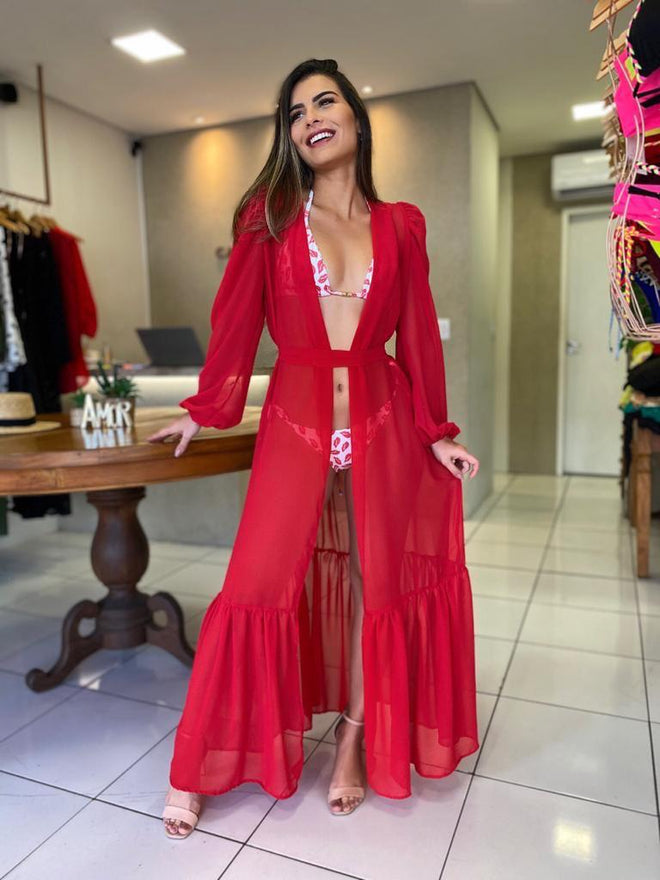 Women’s Swimwear Red Cover Ups Open Swimsuit Kimono Long Flowy Beachwear
