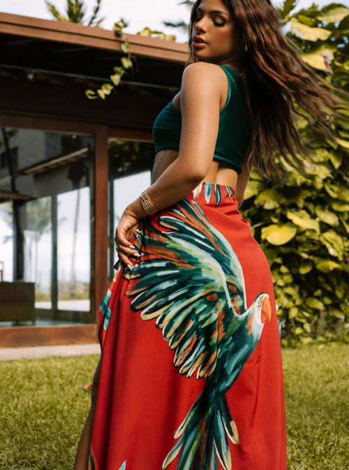 COVER UP PAREÔ SKIRT IN LACE - RED AND BIRD
