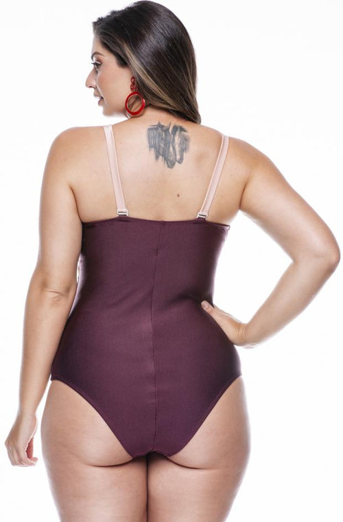 Plus size Strapless Swimsuit with Cups, Removable Straps, Burgundy, Whipped Cream and Pearl