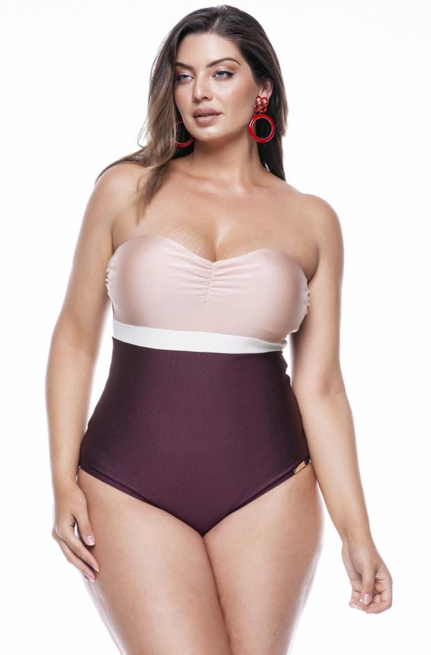 Produtos Plus size Strapless Swimsuit with Cups, Removable Straps, Black, Apricot and Pearl - LEHONA
