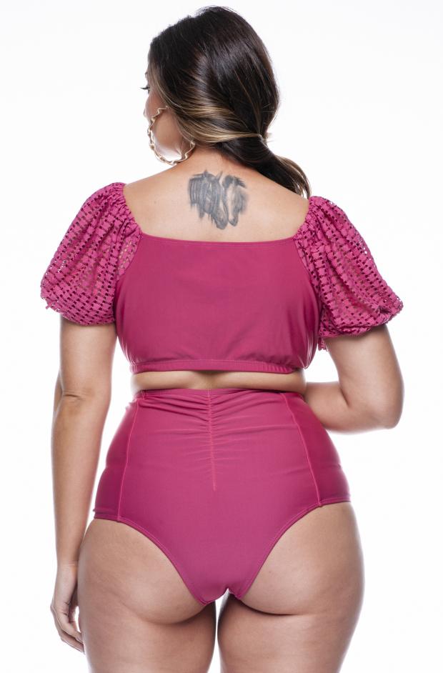 Plus size Biquini with Puffy Sleeve in Lace in Lychee Color - LEHONA