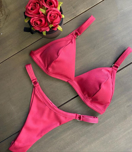 Brazilian Curtain Bikini Set with Adjustable Strap and Floss Ring Panties Medium Red