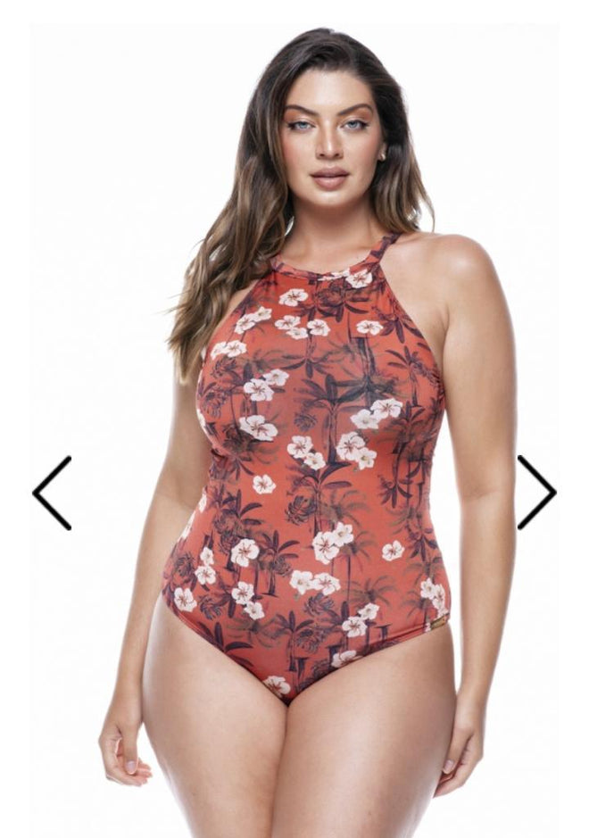 Plus Size Bikini Choker-Style Swimsuit with Bulge in Oriental Print - LEHONA