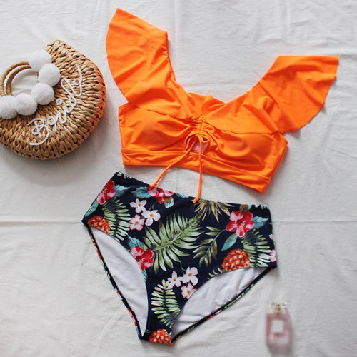 Woman Two-Piece Bikini Ruffled High-Waisted Sleeves