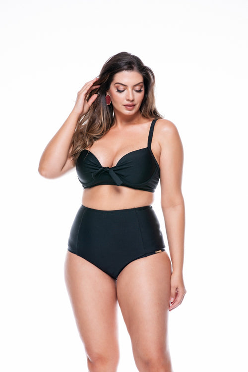 Plus Size Bikini with bow and Bulge, Adjustable Straps in Black Color - LEHONA