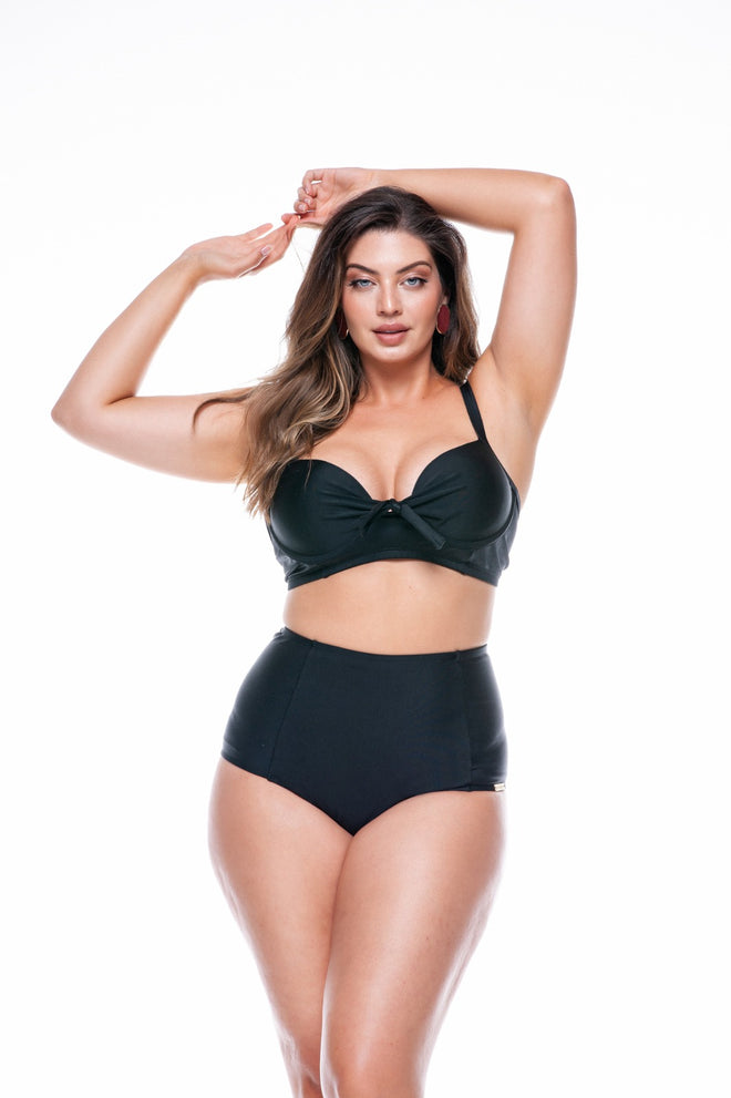 Plus Size Bikini with bow and Bulge, Adjustable Straps in Black Color - LEHONA