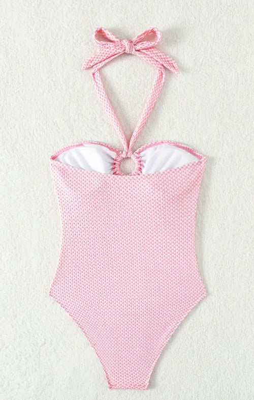 Swimsuit with Neck Straps, High Cut in Textured Fabric, with Ring, Women's Swimwear