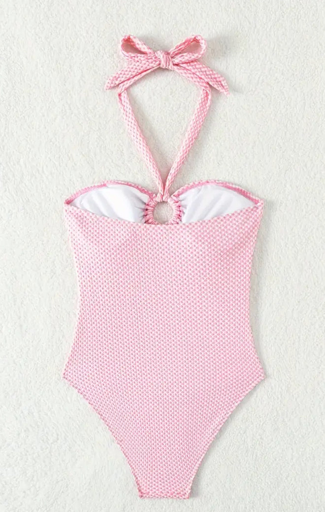 Swimsuit with Neck Straps, High Cut in Textured Fabric, with Ring, Women's Swimwear