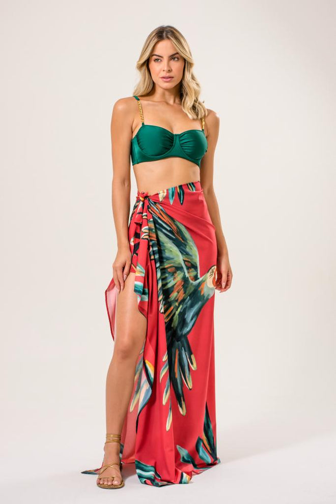 COVER UP PAREÔ SKIRT IN LACE - RED AND BIRD