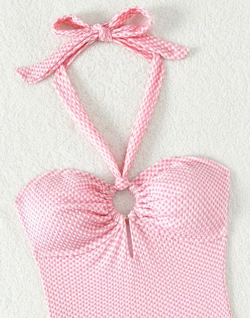 Swimsuit with Neck Straps, High Cut in Textured Fabric, with Ring, Women's Swimwear