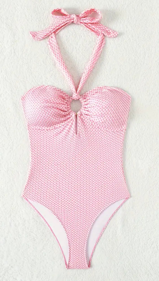 Swimsuit with Neck Straps, High Cut in Textured Fabric, with Ring, Women's Swimwear