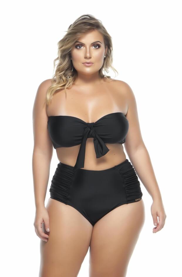 Plus Size Sash Top Brazilian Bikini with Cup and Bow in Black - LEHONA