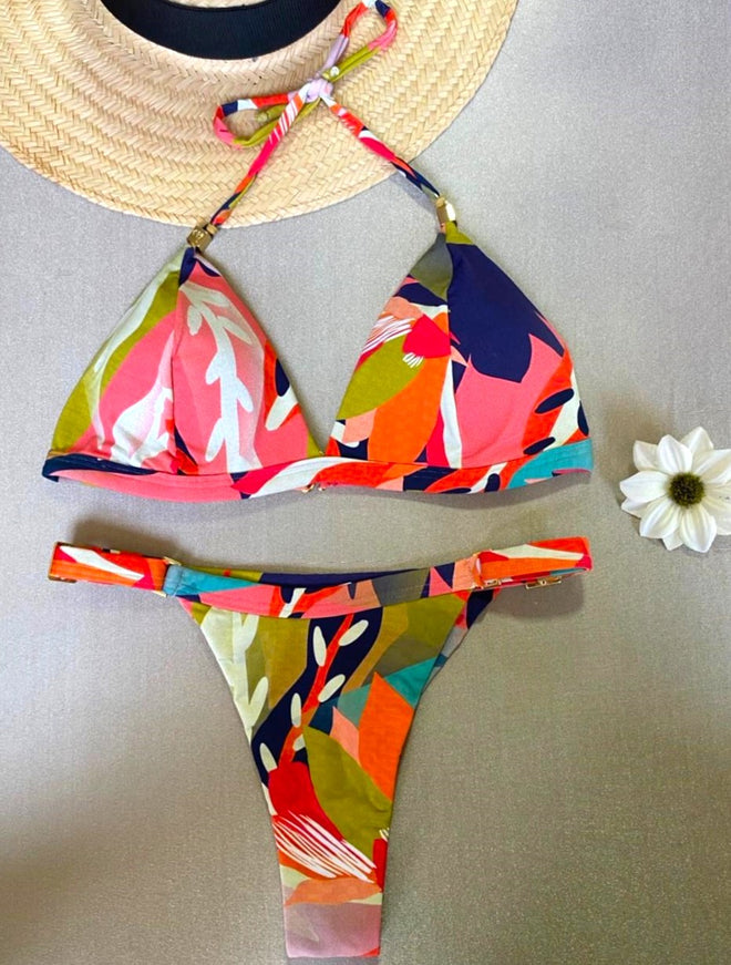 Brazilian Curtain Bikini Set with Adjustable Strap and Floss Ring Panties Medium Red