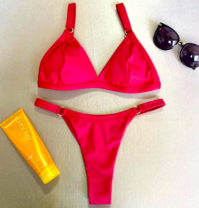 Brazilian Curtain Bikini Set with Adjustable Strap and Floss Ring Panties Medium Red