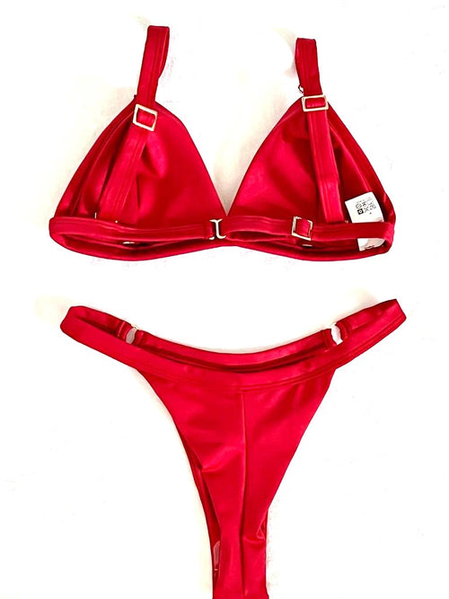 Brazilian Curtain Bikini Set with Adjustable Strap and Floss Ring Panties Medium Red