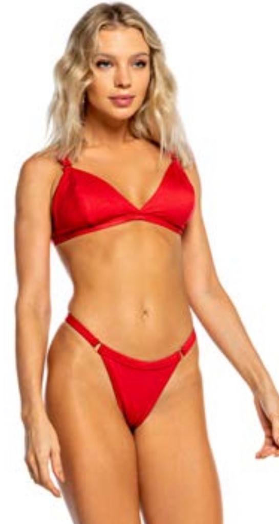 Brazilian Curtain Bikini Set with Adjustable Strap and Floss Ring Panties Medium Red