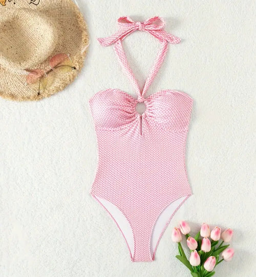 Swimsuit with Neck Straps, High Cut in Textured Fabric, with Ring, Women's Swimwear