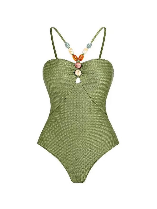 Women's Swimsuit with Beaded Belt Cutout and Beading, Luxury Swimwear