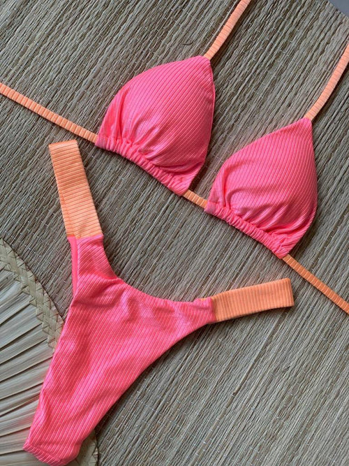 Brazilian Curtain Bikini Two Colors Ribbed Neon Pink Orange