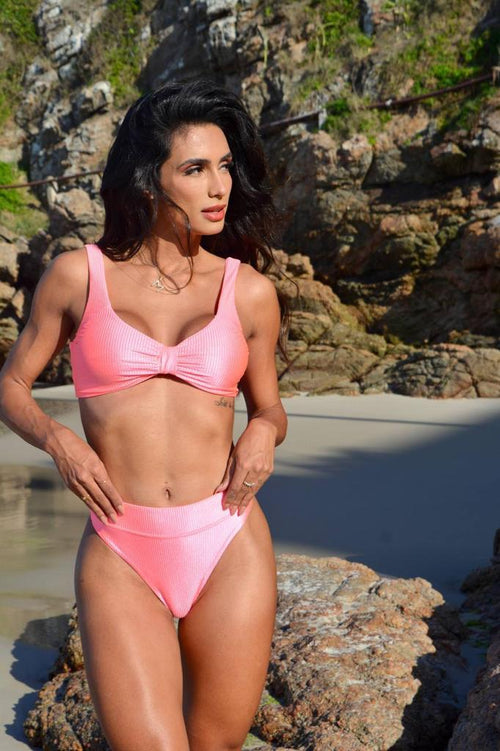 Brazilian Bikini Hot Pants Ribbed Neon Pink