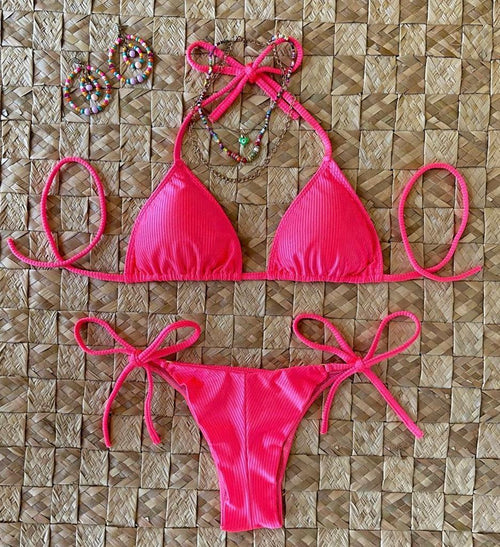 Brazilian Neon Coral Bikini Curtain Triangle Lace Panties