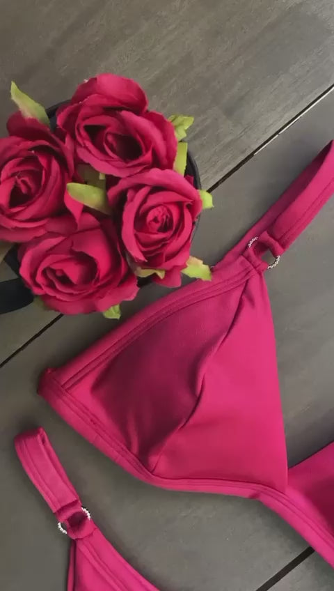 Brazilian Curtain Bikini Set with Adjustable Strap and Floss Ring Panties Medium Red